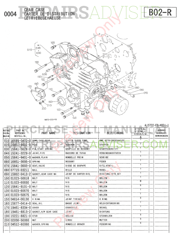 Kubota d722 engine parts list